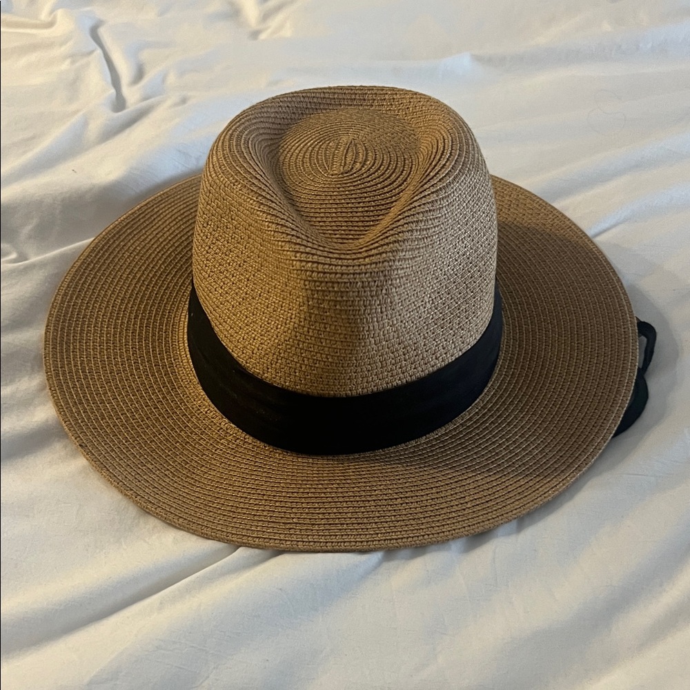 Wide Brim Straw Fedora Hat with Black Band